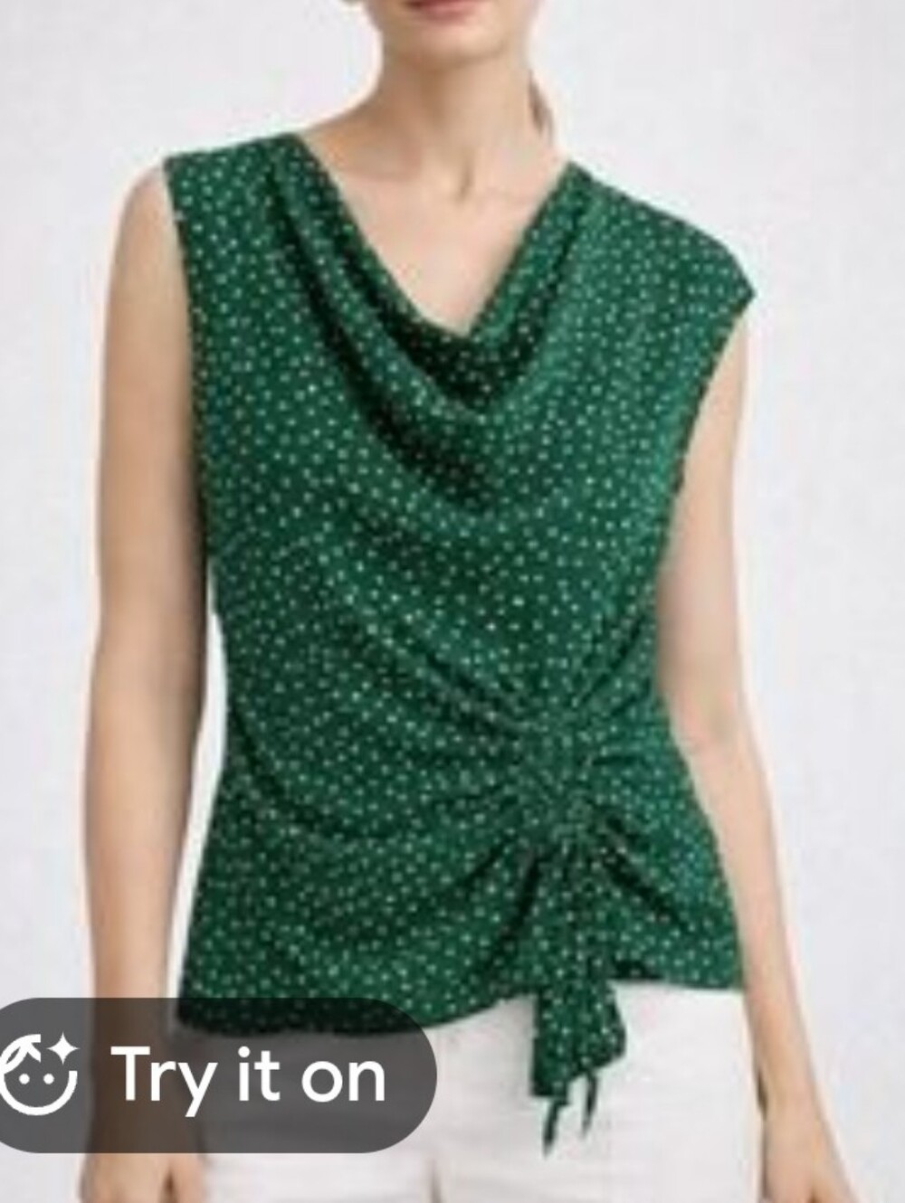 Maeve Green Polka Dot Cowl-Neck Tie-Waist Sleeveless Top